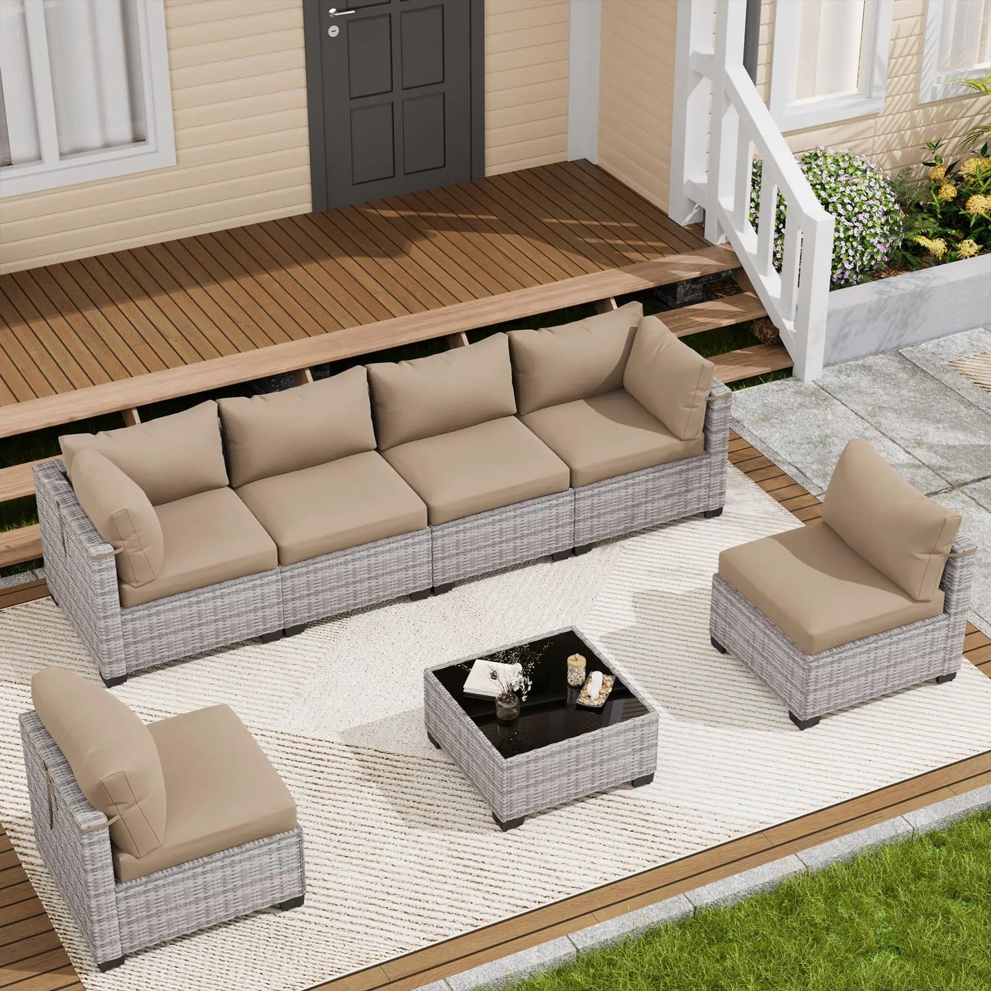LOUVIXA 7 Piece Outdoor Patio Furniture Set, Outdoor Sectional Sofa, Wicker Rattan Patio Furniture, Patio Conversation Set