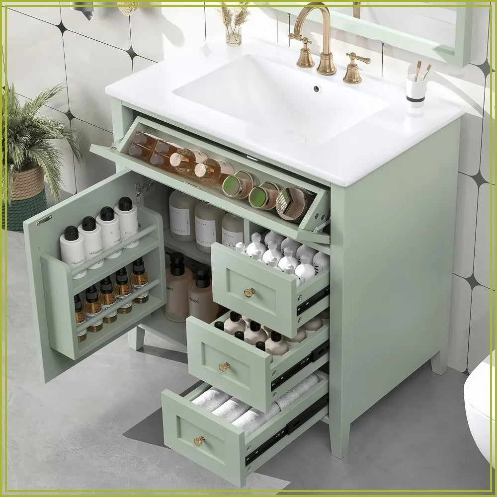 30" Modern Bathroom Vanity with Sink, Solid Wood Storage Cabinet, 3 Drawers, Soft Close Door, Adjustable Shelves, Green