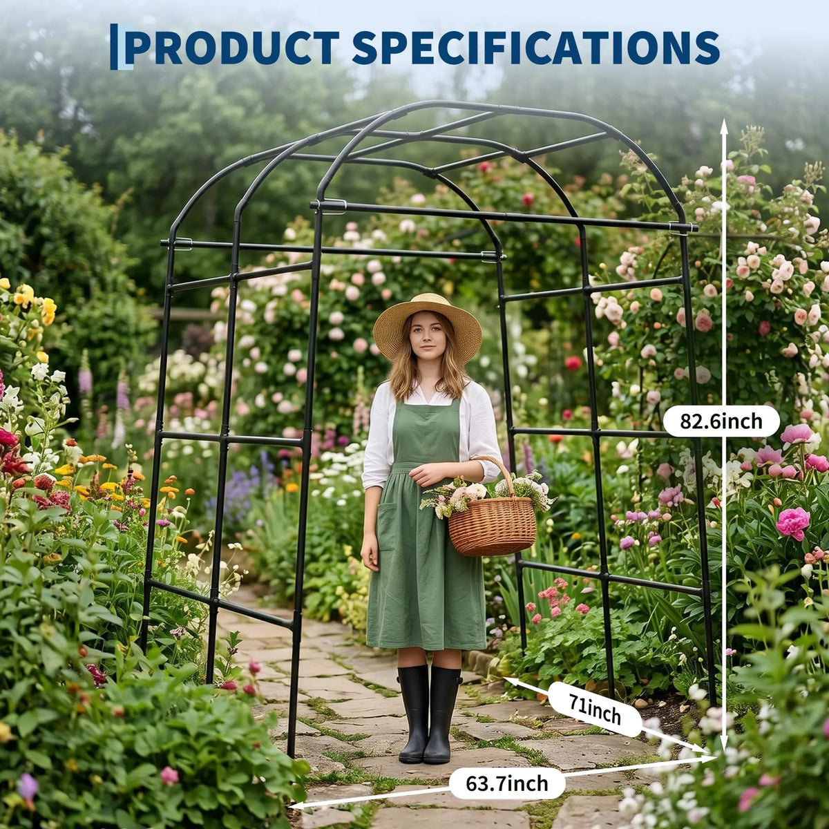 7.2FT Metal Garden Arch Trellis For Raised Beds, Adjustable Black Cucumber Support For Vines, Roses, Grapes, Melons & Gourds Kit