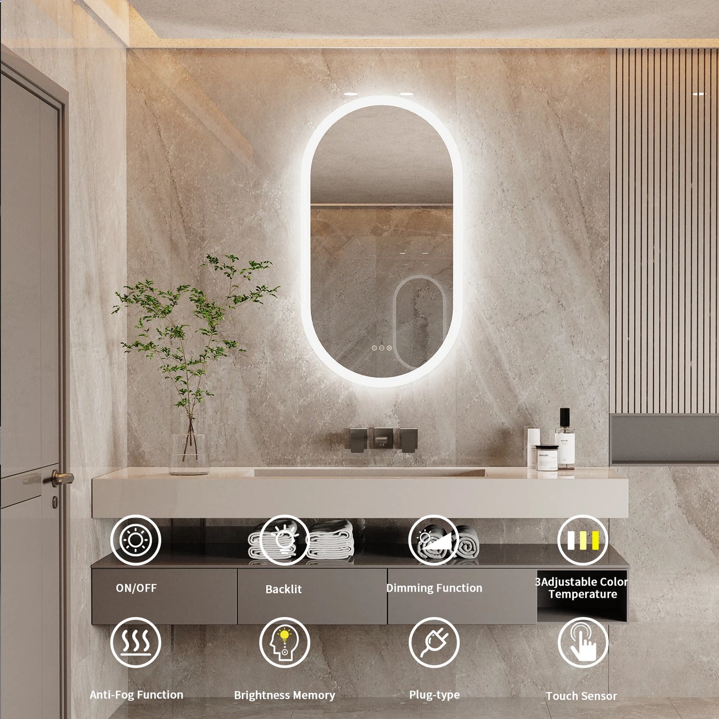 Wisfor Led Bathroom Mirror Oval Backlit Vanity Frameless Anti Fog