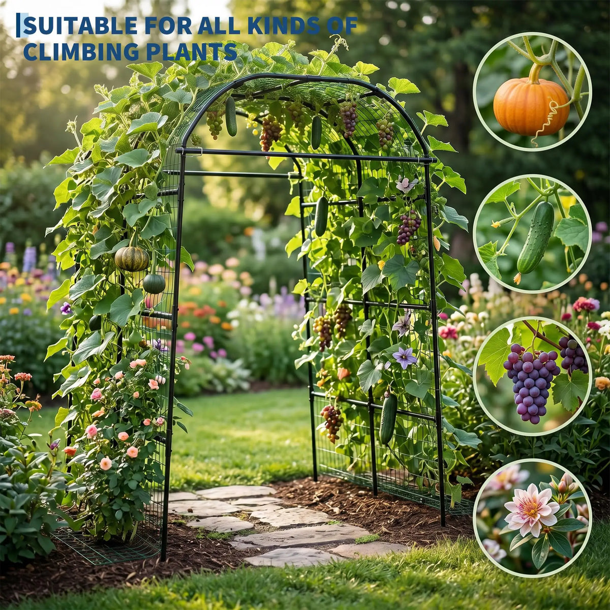 7.2FT Metal Garden Arch Trellis For Raised Beds, Adjustable Black Cucumber Support For Vines, Roses, Grapes, Melons & Gourds Kit