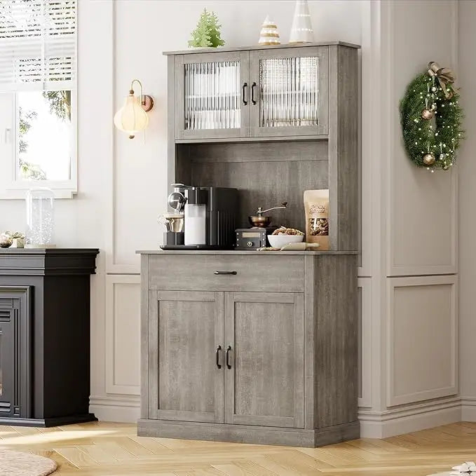 HiMISS Kitchen Pantry Cabinet Hutch With Microwave Stand