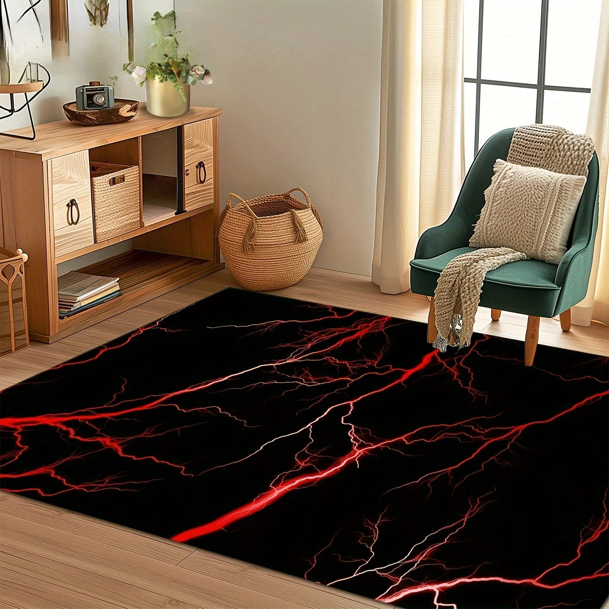 Lightning Polyester Mat Tibetan Design Non Slip Machine Washable Rug