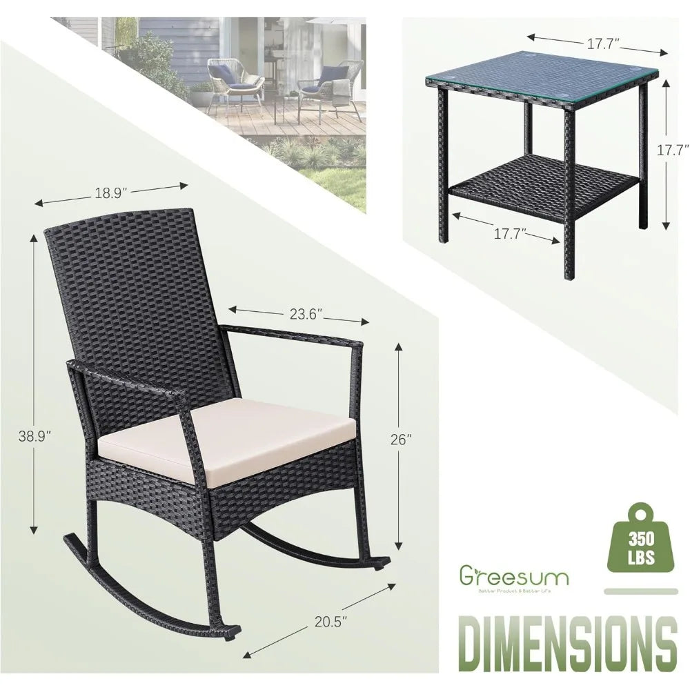 Patio Furniture Set Outdoor Wicker Rocking Chairs Glass Coffee Table