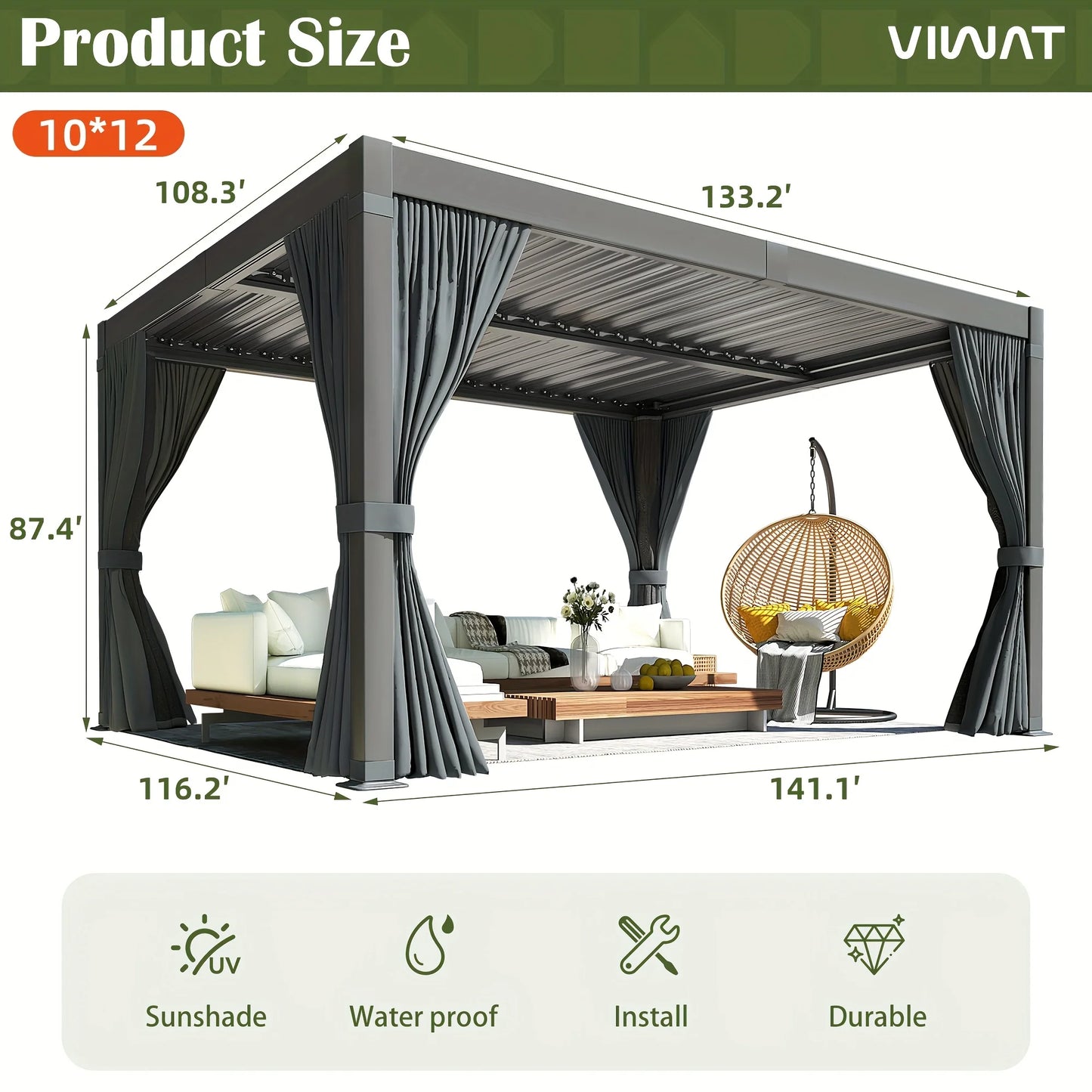 VIWAT Louvered Pergola Aluminum Frame Waterproof Roof Gazebo All Weather