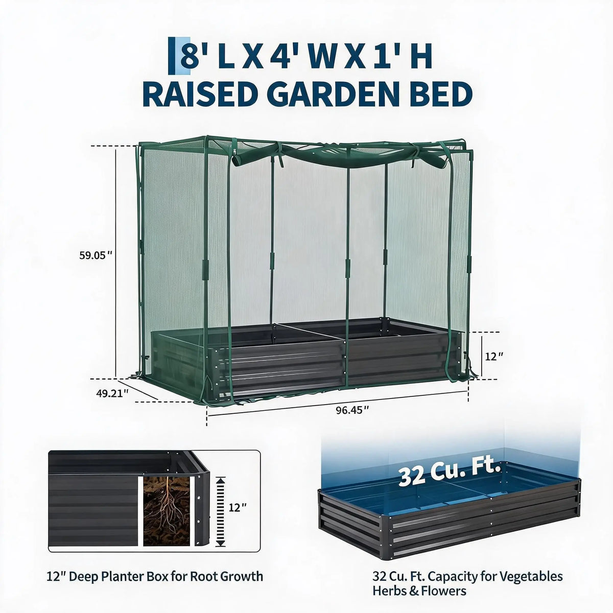 Galvanized Self Watering Raised Garden Bed With Mesh Cover