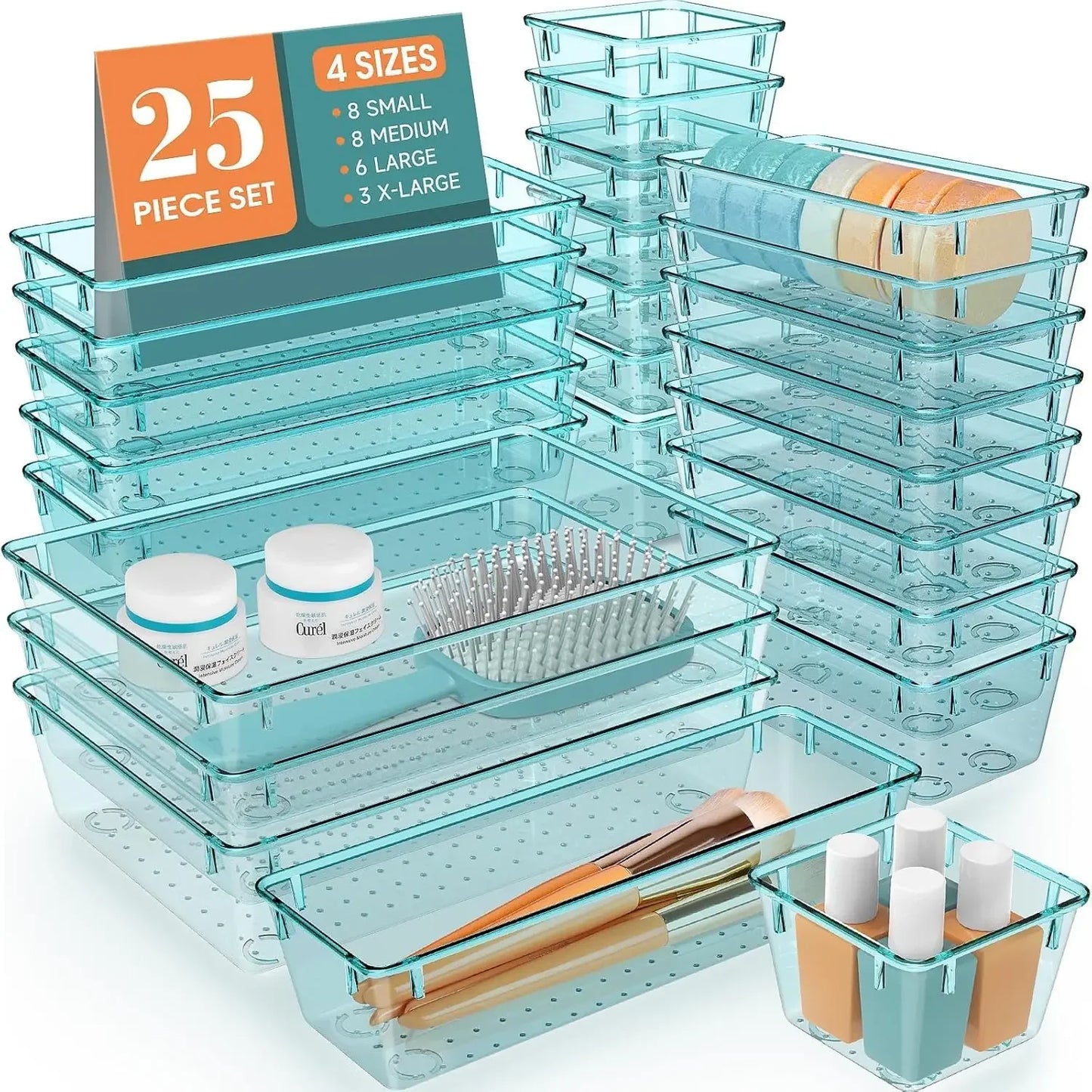 Clear Plastic Drawer Organizer Set 25 Compartments for Desk Storage