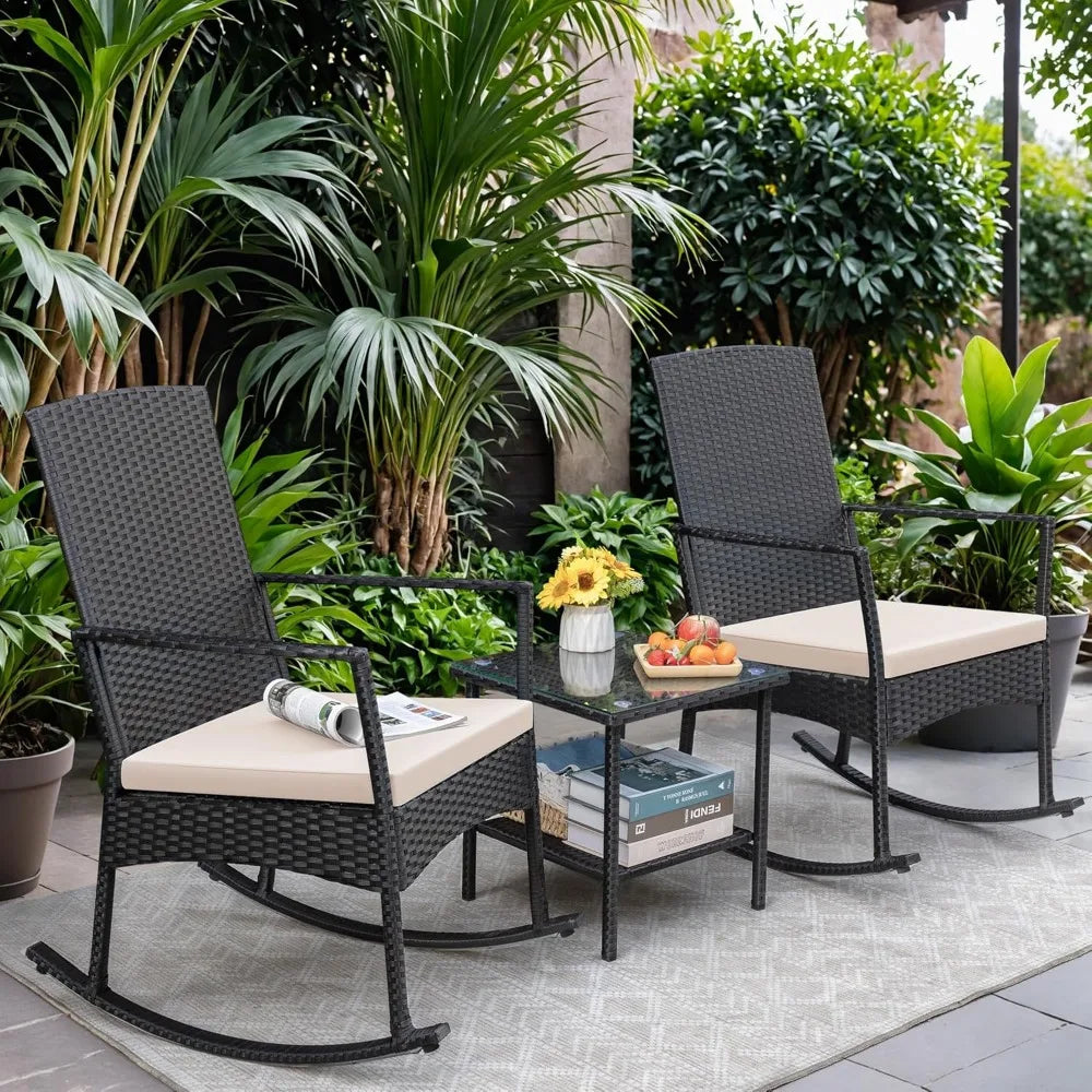 Patio Furniture Set Outdoor Wicker Rocking Chairs Glass Coffee Table
