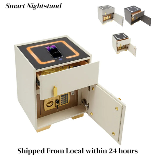 Smart Nightstand w/ Drawer & Safe Wireless Charging Nightstand Solid Wood Night Stand w/ 2 Drawers LED Bedside Tables for Bedroo