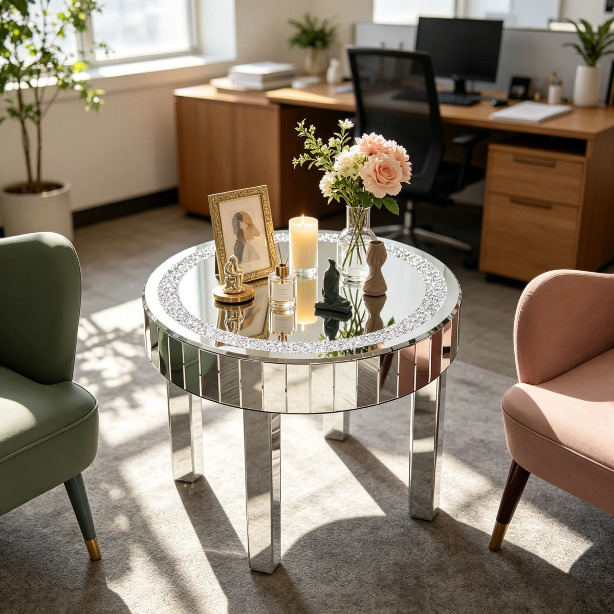Round Mirrored Coffee Table With Crushed Crystal Design And Metal Frame
