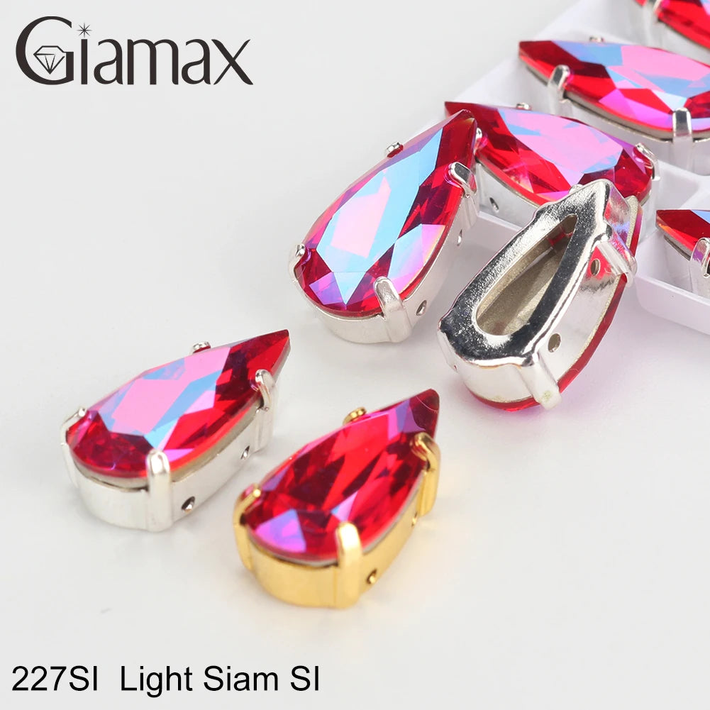 Giamax Tear Drop Glass Crystal Sewing Stone Sew on Rhinestones Gold Silver Claw Rhinestones For Garment Clothes Bags