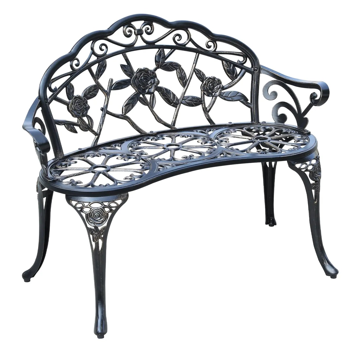 Elegant Cast Aluminum Outdoor Bench Featuring Intricate Rose Vine Design For Garden, Patio, Park And Lawn Use