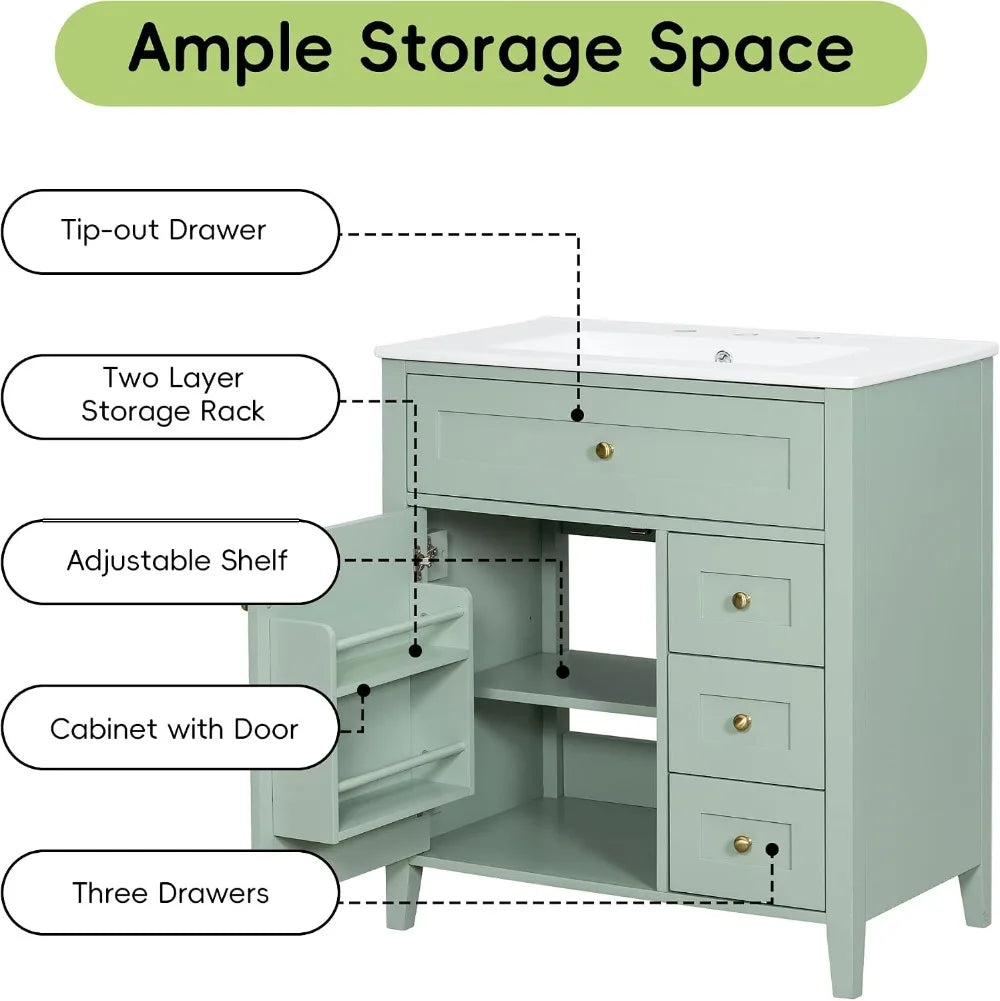 30" Modern Bathroom Vanity with Sink, Solid Wood Storage Cabinet, 3 Drawers, Soft Close Door, Adjustable Shelves, Green