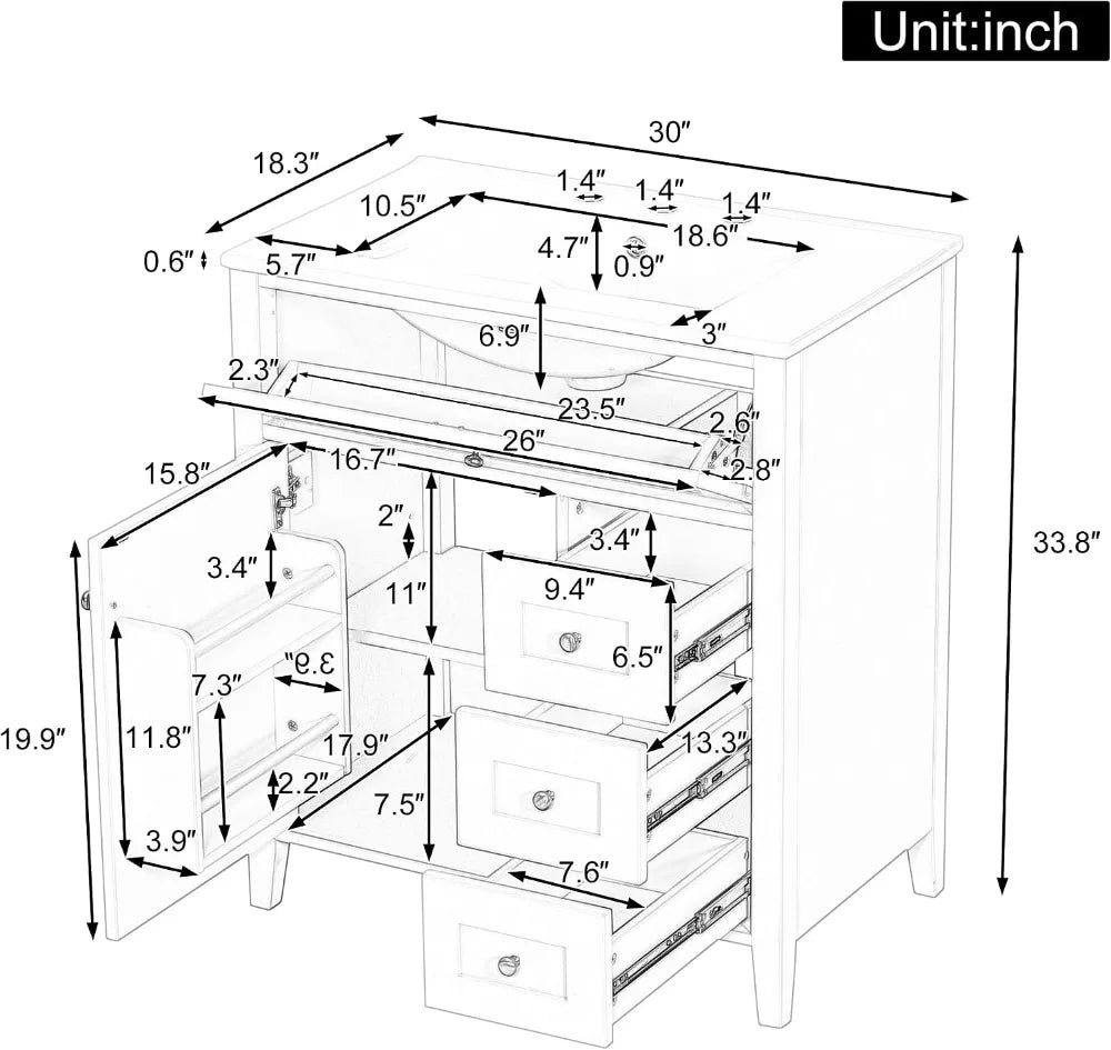 30" Modern Bathroom Vanity with Sink, Solid Wood Storage Cabinet, 3 Drawers, Soft Close Door, Adjustable Shelves, Green