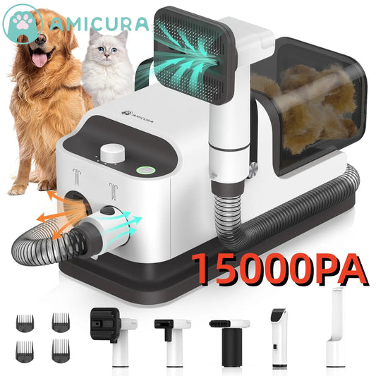 Amicura P1 Vacuum Cleaner & Hair Dryer 15kpa, Pet Grooming Set Adjustable Speed and Temperature, 5 Proven Care Tools Dog Clipper