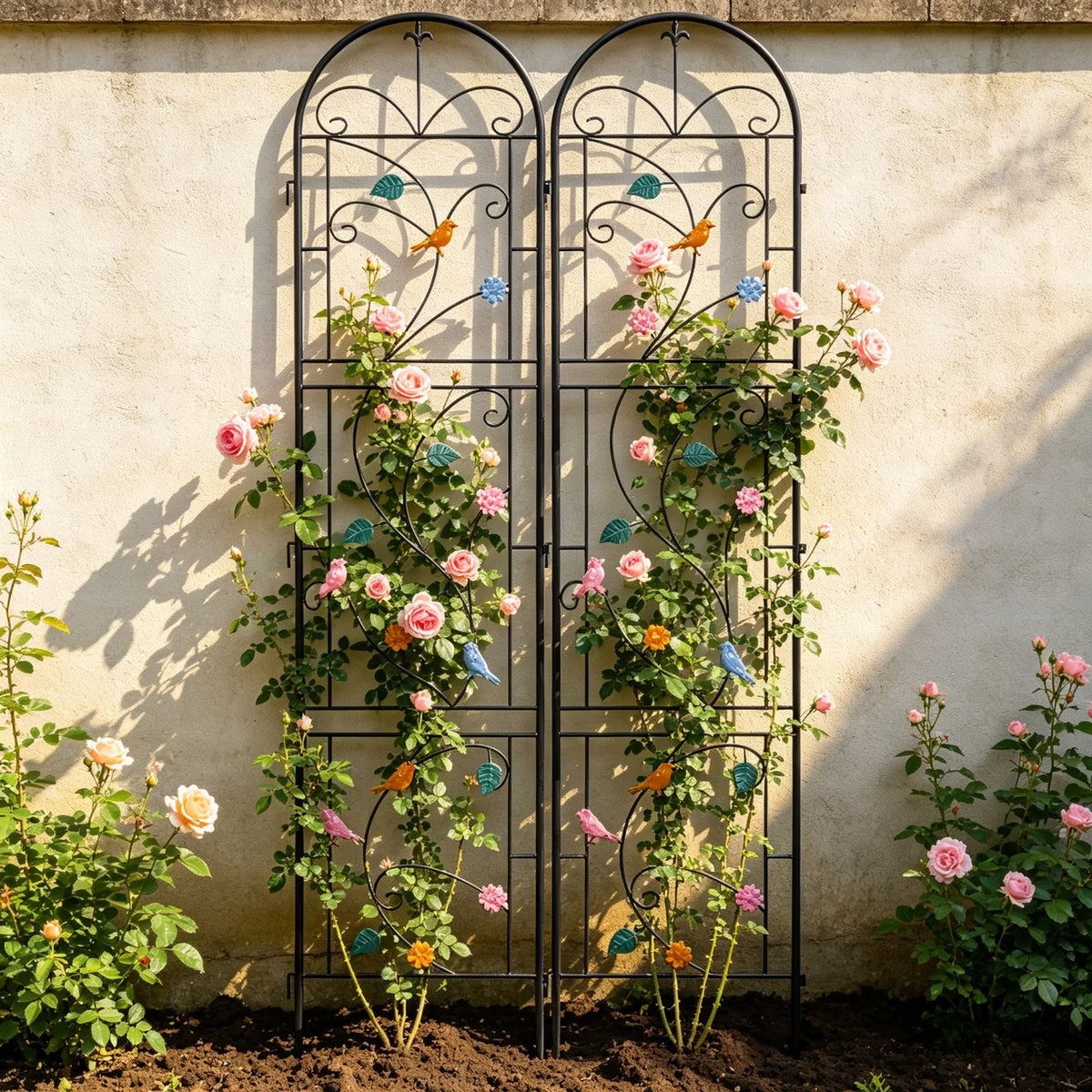 214CM Tall Metal Garden Trellis Rustic Iron Arch Decoration Support Trellis Fence Birds Flowers for Climbing Plants Roses Vine