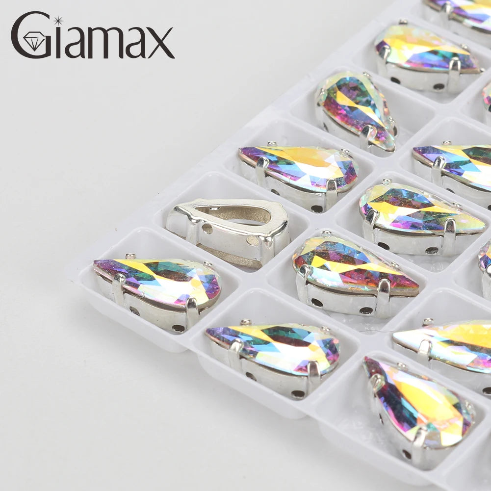 Giamax Tear Drop Glass Crystal Sewing Stone Sew on Rhinestones Gold Silver Claw Rhinestones For Garment Clothes Bags