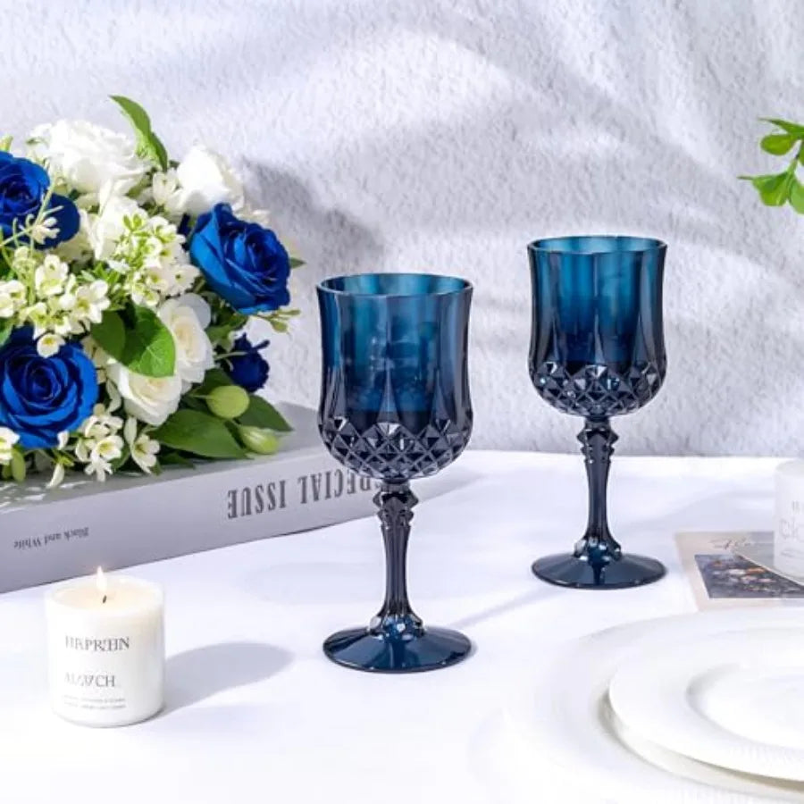 24PCS Blue Plastic Wine Glasses - 7 Oz Plastic Goblets for Party - Blue Vintage Drinking Glasses - Disposable Water Goblets Set