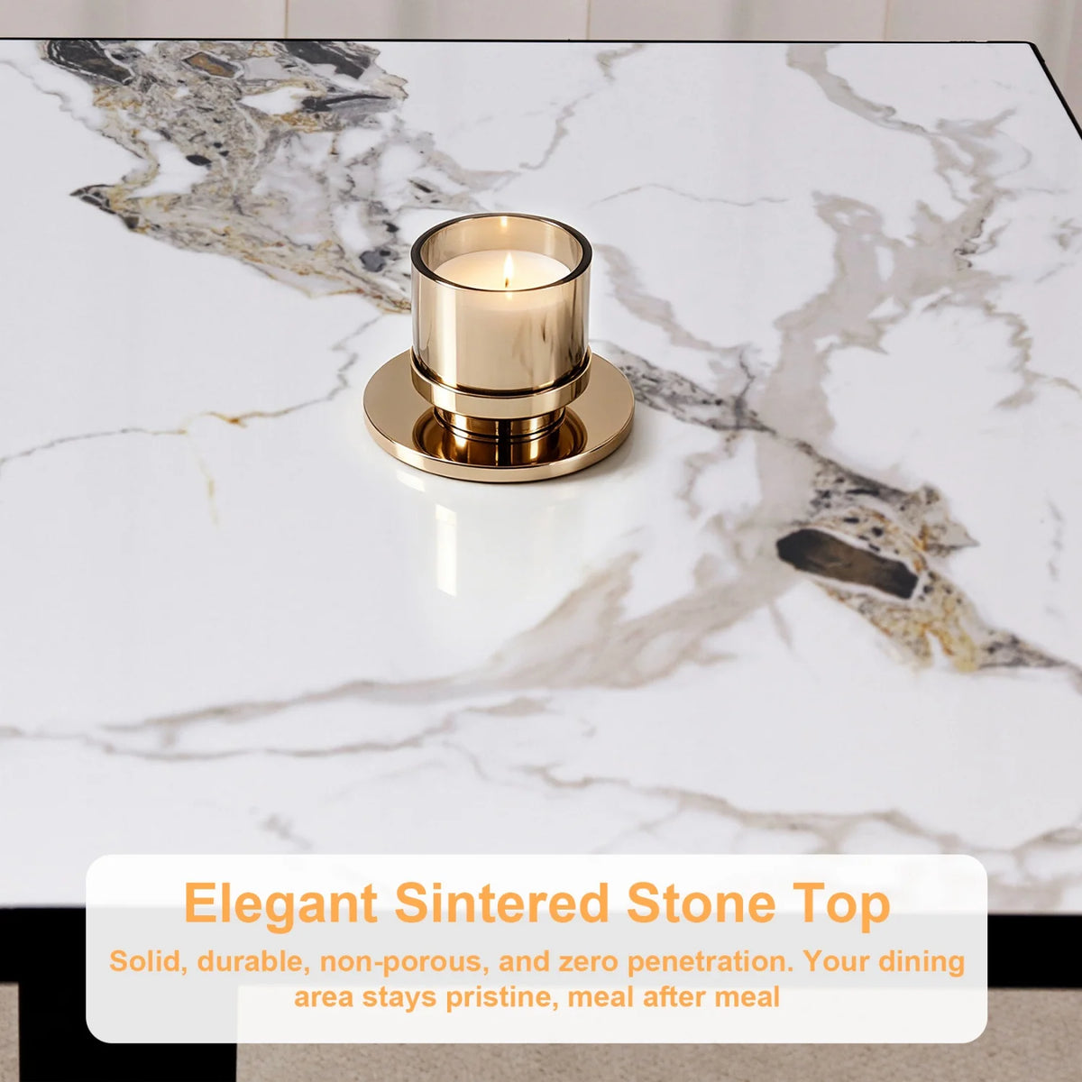 Modern Sintered Stone Rectangular Dining Table With Iron Pedestal Base And Metal Frame