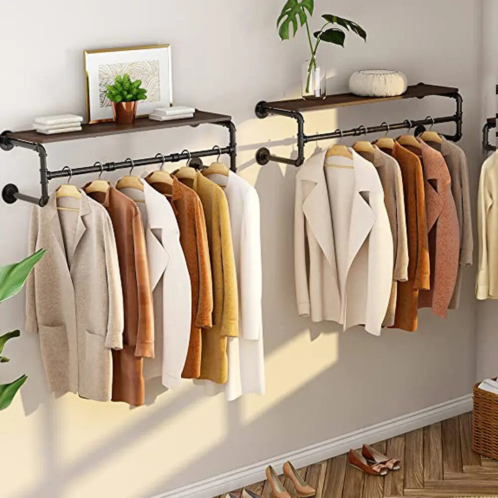 Industrial Pipe Wall Mounted Clothing Rack With Wood Shelf